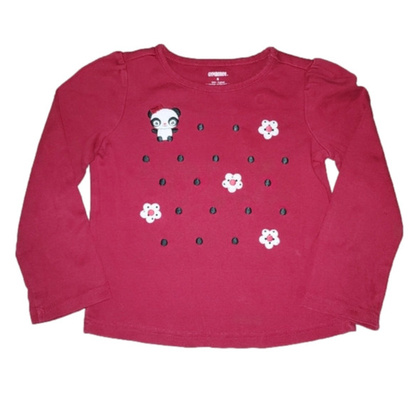 Gymboree Red Long Sleeve Tee with Dots, Flowers and Panda - Picture 1 of 4